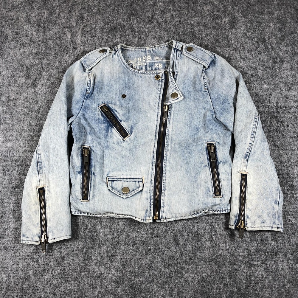 Gap 1969‎ Womens XS Light Wash Denim Moto Jacket Asymmetrical Zippers